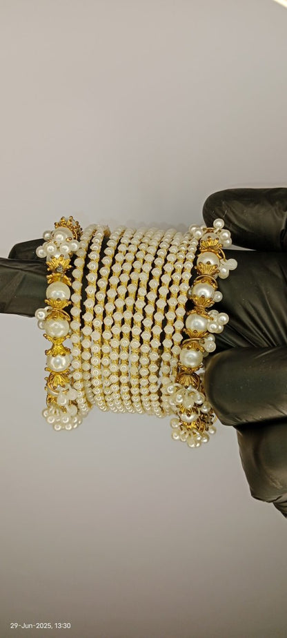Luxurious White Pearl Bangles For Ladies And Girls – 2 Pearl Bangles And 12 Churiyan – Specially For Wedding And Special Occasion – Bangles For Ladies And Girls – Without Box – Pair – 2.5inch – White Pearl Bangles – Bridal Bangles