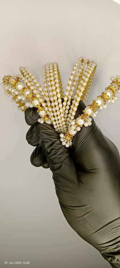 Luxurious White Pearl Bangles For Ladies And Girls – 2 Pearl Bangles And 12 Churiyan – Specially For Wedding And Special Occasion – Bangles For Ladies And Girls – Without Box – Pair – 2.5inch – White Pearl Bangles – Bridal Bangles