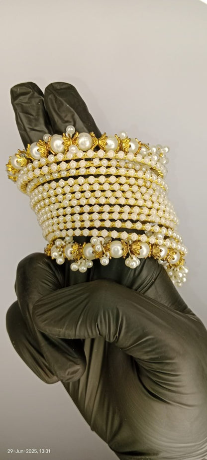 Luxurious White Pearl Bangles For Ladies And Girls – 2 Pearl Bangles And 12 Churiyan – Specially For Wedding And Special Occasion – Bangles For Ladies And Girls – Without Box – Pair – 2.5inch – White Pearl Bangles – Bridal Bangles
