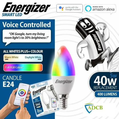 Energizer Smart Led Multicolor Dimmable Wifi Bulb, 5.5w, App Controllable, Home Bulb, With Alexa, Google And Siri, No Hub Required, Lamp Holder E14